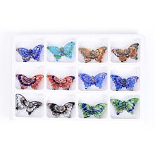 Honeyhandy Handmade Silver Foil Lampwork Pendants, with Gold Sand, Butterfly, Mixed Color, 38x62x9mm, Hole: 5mm, 12pcs/box