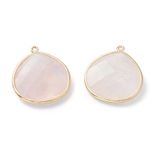 Honeyhandy Natural Rose Quartz Pendants, with Golden Brass Edge, Faceted, Teardrop, 28x25x6mm, Hole: 1.6mm