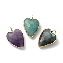 Honeyhandy Natural Mixed Stone Pendants, Faceted Heart Charms, with Golden Plated Brass Edge Loops, 18x12x6mm, Hole: 2.5~3mm