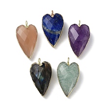 Honeyhandy Natural Mixed Stone Pendants, Faceted Heart Charms, with Golden Plated Brass Edge Loops, 22.5x13x7.5mm, Hole: 3mm