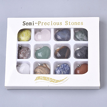 Honeyhandy Natural Mixed Stone Pendants, with Platinum Plated Brass Pinch Bails, Heart, 20x23x10mm, Hole: 3.5mm, 12pcs/box