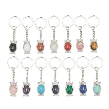 Honeyhandy Natural & Synthetic Mixed Gemstone Keychain, with Brass Findings and Alloy Split Key Rings, Owl, Platinum, 7.8cm