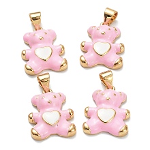 Honeyhandy Brass Enamel Pendants, Real 18K Gold Plated, Long-Lasting Plated, Bear with Heart, Pink, 18x13.5x4mm, Hole: 5x3.5mm