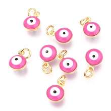 Honeyhandy Brass Enamel Charms, Real 18K Gold Plated, Long-Lasting Plated, with Jump Ring, Evil Eye, Hot Pink, 9.5x6.5x4.5mm, Hole: 2.5mm