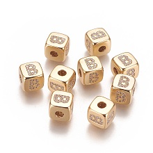 Honeyhandy Brass Micro Pave Cubic Zirconia Beads, Horizontal Hole, Real 18K Gold Plated, Long-Lasting Plated, Cube with Letter, Clear, Letter.B, 9x9x9mm, Hole: 3.5mm