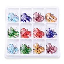 Honeyhandy Handmade Lampwork Pendants, Heart, Mixed Color, 50x43x13mm, Hole: 12mm, 12pcs/box