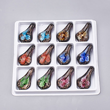 Honeyhandy Handmade Gold Sand Lampwork Big Pendants, Inner Flower, Leaf, Mixed Color, 52~55x27.5~29x12.5~17mm, Hole: 6.5~10mm