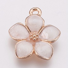 Zinc Alloy Enamel Pendants, Flower, Golden, Lavender Blush, 16.5x14.5x2.5~3mm, Hole: 1.5mm