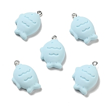 Honeyhandy Opaque Resin Pendants, Fish Charm, Imitation Food, with Platinum Tone Iron Loops, Light Cyan, 27x19x8mm, Hole: 2x2.8mm