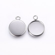 Honeyhandy 304 Stainless Steel Pendant Cabochon Settings, Plain Edge Bezel Cups, Flat Round, Stainless Steel Color, Tray: 12mm, 17.5x14x2mm, Hole: 2.5mm