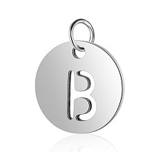 Honeyhandy 304 Stainless Steel Charms, Flat Round with Letter, Stainless Steel Color, Letter.B, 12x1mm, Hole: 2.5mm