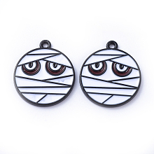 Honeyhandy Gunmetal Plated Alloy Enamel Pendants, for Halloween, Mummy , Flat Round, White, 23x20x2mm, Hole: 1mm