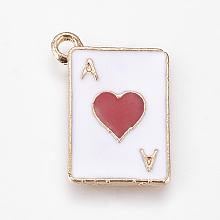 Honeyhandy Alloy Enamel Pendants, Playing Card with Hearts, Golden, Red, 19x14x1.2mm, Hole: 1.7mm