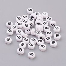 Honeyhandy Flat Round with Letter B Acrylic Beads, with Horizontal Hole, White & Black, Size: about 7mm in diameter, 4mm thick, hole: 1mm