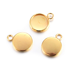 Honeyhandy Rack Plating 304 Stainless Steel Pendant Cabochon Settings, Plain Edge Bezel Cups, Flat Round, Real 24K Gold Plated, Tray: 10mm, 15x12x2mm, Hole: 2.2mm