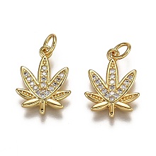 Honeyhandy Brass Micro Pave Cubic Zirconia Charms, Pot Leaf/Hemp Leaf, Golden, 15x11.5x1.5mm, Hole: 3mm