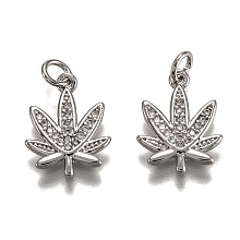 Honeyhandy Brass Micro Pave Cubic Zirconia Charms, Pot Leaf/Hemp Leaf, Platinum, 15x11.5x1.5mm, Hole: 3mm