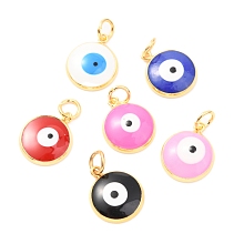 Honeyhandy Brass Enamel Pendants, Real 18K Gold Plated, Long-Lasting Plated, with Jump Ring, Flat Round with Evil Eye, Mixed Color, 16.5x14x3.5mm, Hole: 4mm, Jump Ring:  6x1mm