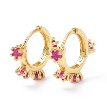 Honeyhandy Brass Inlaid Cubic Zirconia Hoop Earrings, Real 18K Gold Plated, Cadmium Free & Lead Free, Flower, Deep Pink, 16x18.5x4mm, Pin: 0.8mm