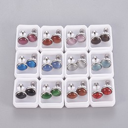 Honeyhandy 304 Stainless Steel Earlobe Plugs, Screw Back Earrings, with Synthetic Gemstone and Cat Eye, Half Round, Mixed Color, Stainless Steel Color, 10mm, Pin: 1mm, 12pairs/card