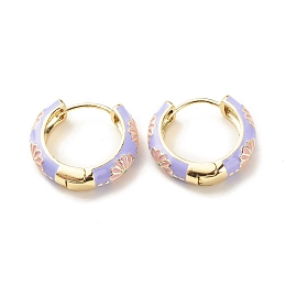 Honeyhandy Daisy Flower Enamel Hoop Earrings, Gold Plated Brass Hinged Earrings for Women, Lilac, 20x22x5mm, Pin: 0.9mm