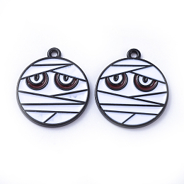 Honeyhandy Gunmetal Plated Alloy Enamel Pendants, for Halloween, Mummy , Flat Round, White, 23x20x2mm, Hole: 1mm