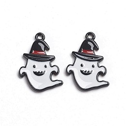 Honeyhandy Gunmetal Plated Alloy Enamel Pendants, for Halloween, Ghost with Witch Hat, White, 25x17x2mm, Hole: 1mm