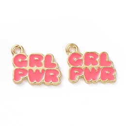 Honeyhandy Alloy Enamel Charms, Light Gold, Words GirlPower, Cerise, 14.5x17x2mm, Hole: 2mm