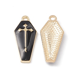 Honeyhandy Alloy Enamel Pendants, Coffin with Cross Charm, Golden, Black, 26x11.5x3mm, Hole: 1.8mm