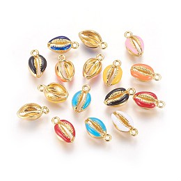 Honeyhandy Alloy Enamel Pendants, Shell, Real 18K Gold Plated, Mixed Color, 13~15x7.5~8x5~6mm, Hole: 1.5~1.6mm