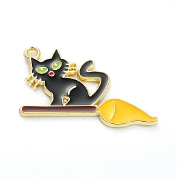 Honeyhandy Alloy Enamel Pendants, Jewelry Accessory, Light Gold, Halloween Theme, Cat Shape, Black, 21.5x34x1.5mm, Hole: 2mm