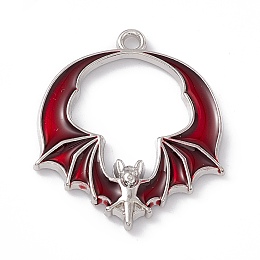 Honeyhandy Alloy Enamel Pendants, Bat Charm, Platinum, Dark Red, 28x24x3mm, Hole: 1.8mm