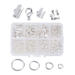 ARRICRAFT 1Box Jewelry Findings 20PCS Alloy Lobster Claw Clasps, 45PCS Iron Ribbon Ends, 40g Brass Jump Rings, 10g Alloy Teardrop End Pieces, Silver Color Plated, Lobster Clasps: 14x8mm, Hole: 1.8mm, Ribbon Ends: 8~13x6~7x5mm, Hole: 2mm, Jump Rings: 4~10mm, End Piece: 7x2.5mm, Hole: 1.5mm