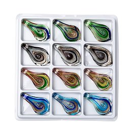 Honeyhandy Handmade Silver Foil Lampwork Big Pendants, with Gold Sand, teardrop, Mixed Color, 61x35x13mm, Hole: 7mm, 12pcs/box