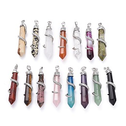 Honeyhandy Natural Gemstone Big Pointed Pendants, with Platinum Plated Brass Bails, Faceted, Bullet with Snake, 59~61.5x11~12x11~12mm, Hole: 5x8mm