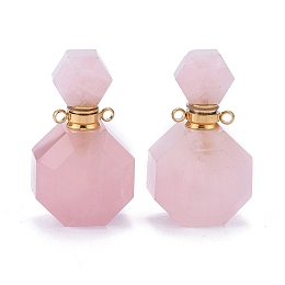 Honeyhandy Faceted Natural Rose Quartz Openable Perfume Bottle Pendants, with 304 Stainless Steel Findings, Golden, 34~36x20~22x12~13mm, Hole: 1.8mm, Bottle Capacity: 1ml(0.034 fl. oz)