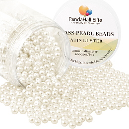 PandaHall Elite 4mm Anti-flash White Glass Pearls Tiny Satin Luster Round Loose Pearl Beads for Jewelry Making, about 1000pcs/box