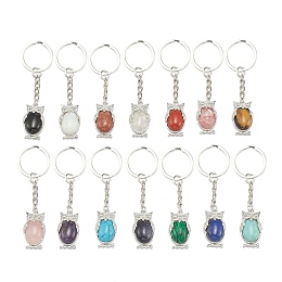 Honeyhandy Natural & Synthetic Mixed Gemstone Keychain, with Brass Findings and Alloy Split Key Rings, Owl, Platinum, 7.8cm