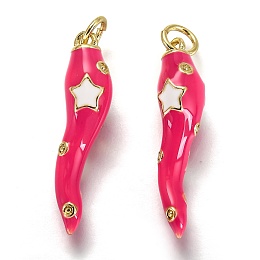 Honeyhandy Brass Enamel Pendants, Long-Lasting Plated, Real 18K Gold Plated, Chili with Star Pattern, Deep Pink, 26x6x6mm, Hole: 3.3mm