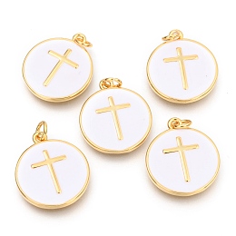 Honeyhandy Brass Enamel Pendants, Long-Lasting Plated, Real 18K Gold Plated, with Jump Rings, Flat Round with cross, White, 17.5x15x2mm, Hole: 2.5mm