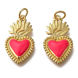 Honeyhandy Golden Tone Brass Enamel Pendants, with Jump Rings, Long-Lasting Plated, Heart, Deep Pink, 22x12x3mm, Hole: 3.5mm