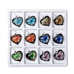 Honeyhandy Handmade Gold Sand Lampwork Pendants, Heart, Mixed Color, 43x35x14mm, Hole: 6mm, 12pcs/box