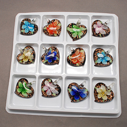 Honeyhandy Handmade Gold Sand Lampwork Pendants, Heart, Mixed Color, 42x31x16mm, Hole: 8mm, 12pcs/box