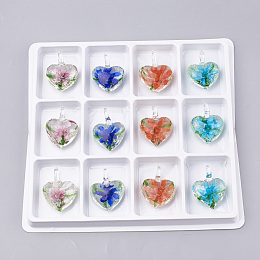 Honeyhandy Luminous Handmade Lampwork Pendants, Inner Flower, Heart, Mixed Color, 40~41x31~32x15mm, Hole: 7mm, Box Size: 20x19.5x1.3cm, 12pcs/box