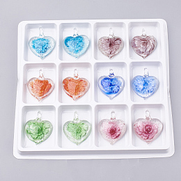 Honeyhandy Luminous Handmade Lampwork Pendants, Inner Flower, Heart, Mixed Color, 41~46x36~38x15~16mm, Hole: 8mm, Box Size: 20x19.5x1.3cm, about 12pcs/box