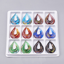 Honeyhandy Handmade Gold Sand Lampwork Big Pendants, teardrop, Mixed Color, 52~53x37~38x11~12mm, Hole: 28x12mm, Box Size: 20x19.5x1.3cm, about 12pcs/box