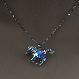 Honeyhandy Alloy Horse Cage Pendant Necklace with Synthetic Luminous Stone, Glow In The Dark Jewelry for Women, Cornflower Blue, 17.72 inch(45cm)