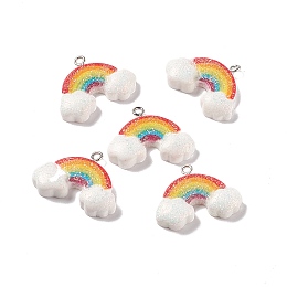 Honeyhandy Opaque Resin Pendants, with Platinum Tone Iron Loops and Glitter Powder, Rainbow with Cloud, Colorful, 22x28x6mm, Hole: 2mm