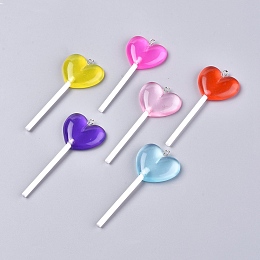 Honeyhandy Resin Big Pendants, with Platinum Plated Iron Loop, Imitation Lollipop, Heart, Mixed Color, 71~73x29x7mm, Hole: 2mm