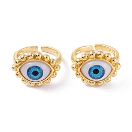 Honeyhandy Brass Cuff Rings, Open Rings, with Resin Beads, Long-Lasting Plated, Real 18K Gold Plated, Evil Eye, Dodger Blue, 3mm, Inner Diameter: 17.5mm